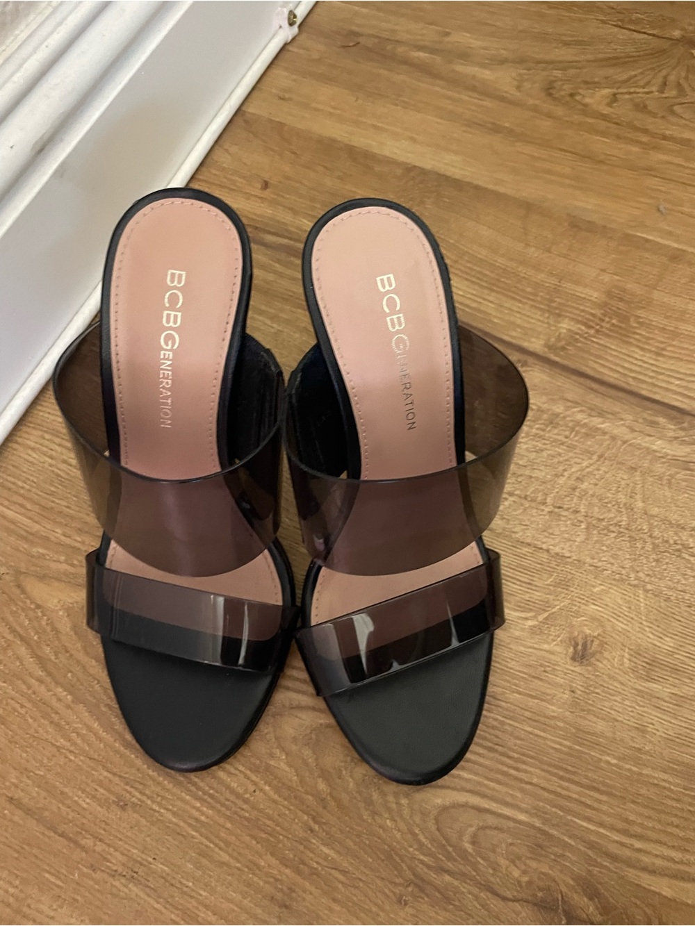 BCBGeneration Black Slide Mules with Smoky Clear Straps Size 5